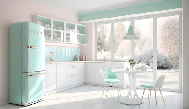 Bright kitchen interior with modern white furniture pastel mint fridge and big floor to ceiling window generative ai