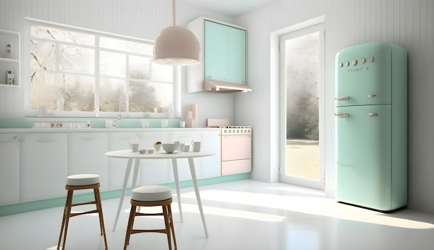 Bright kitchen interior with modern white furniture pastel mint fridge and big floor to ceiling window generative ai