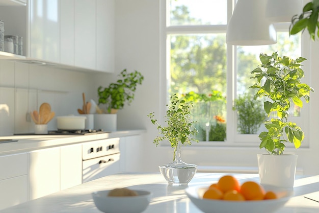 Photo bright kitchen with wooden table and natural light for product display