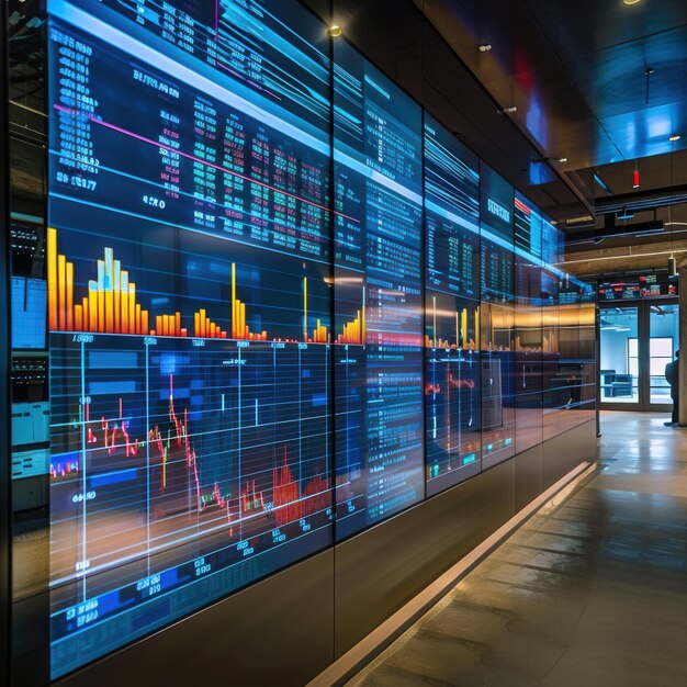 Bright LED screen with detailed stock market data in a contemporary trading room aar 64 Job ID 6067101bcc464b549a4e2ca8ee0745f2