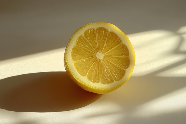 Photo a bright lemon half casting a playful shadow on a light surface in soft afternoon light