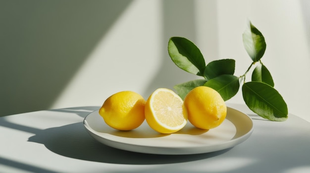 Photo bright lemons on a minimalistic plate against a soft gray background in natural light