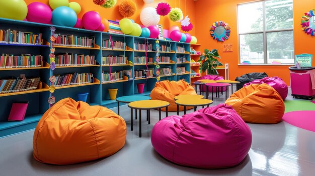 Bright library with bean bags and colorful decor