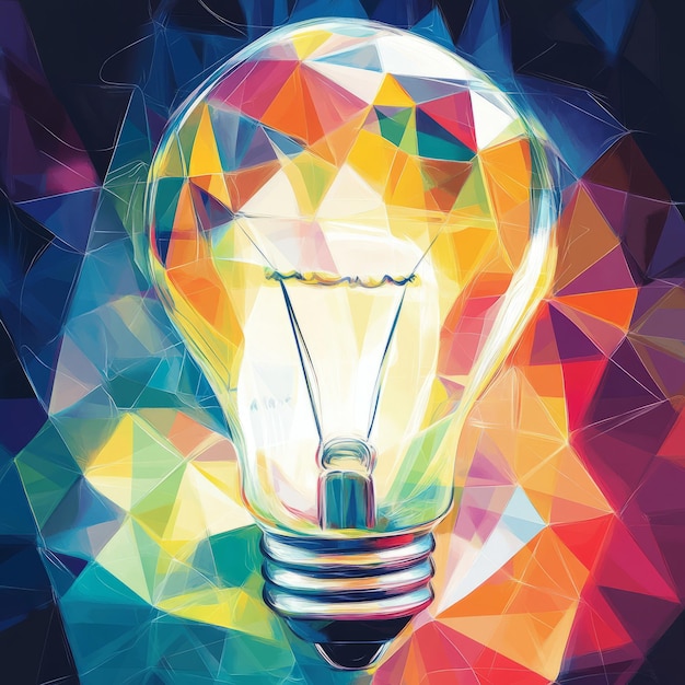 Photo bright light bulb with colorful mosaic background