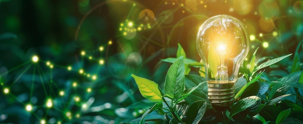 bright Light bulb with home green leaves and plants for the concept of renewable clean energy and saving electricity bill cost using sustainable resources and consumption data