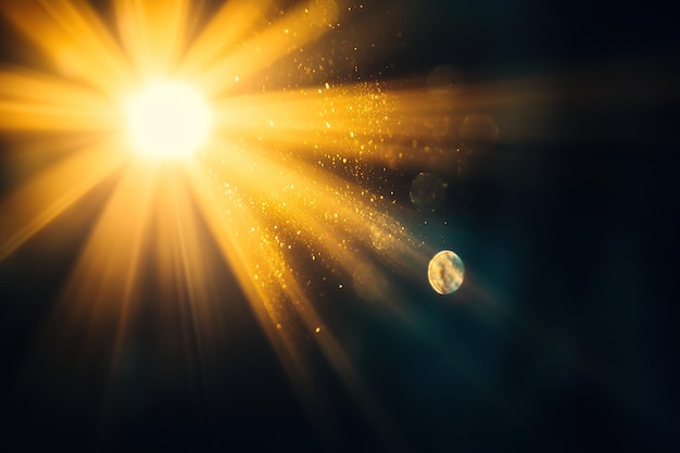 A bright light shines on the black background with lens flares