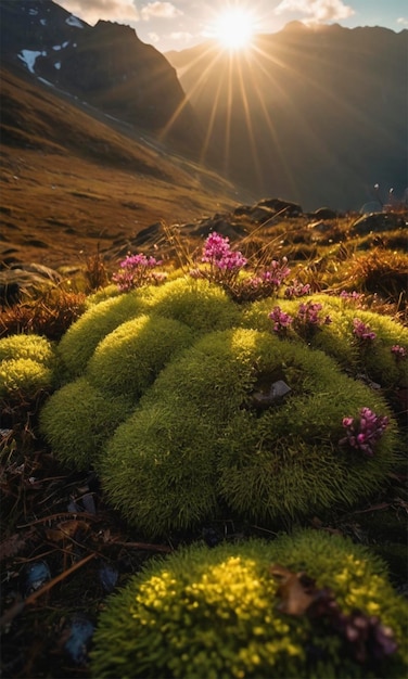 a bright light shines through a field of flowers