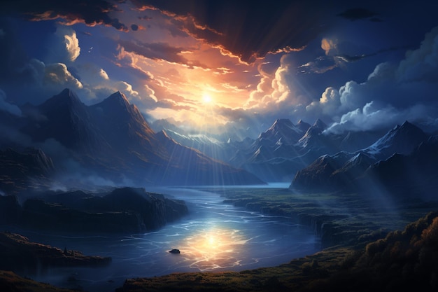 a bright light shines over the water and mountains