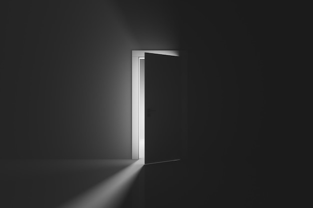 Bright light behind the slightly ajar door Abstract background 3d rendering