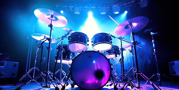 Bright light violet color of drum set with spot light