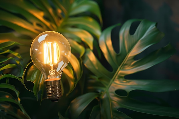 Bright lightbulb with green leaves and a plan for the house Generative Ai