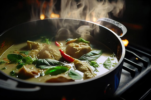 Bright lighting Green curry boiling on a pot Making of Green curry with chicken Thai food