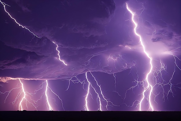 Bright lightnings in dark stormy sky thunderstorm in nature background