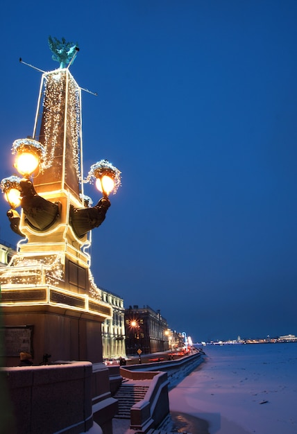 Bright lights of a garland on a beautiful monument in St. Petersburg