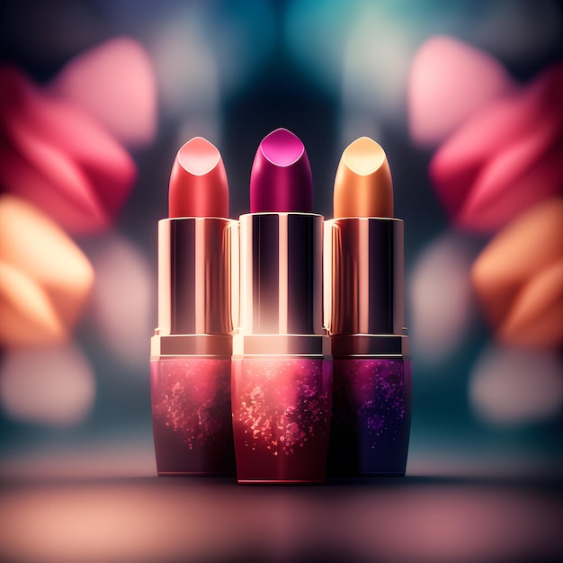 Bright lipstick of different colors shades of colored lipstick for lips Professional makeup tool blurred background