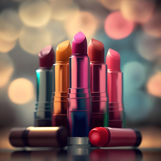 Bright lipstick of different colors shades of colored lipstick for lips Professional makeup tool blurred background