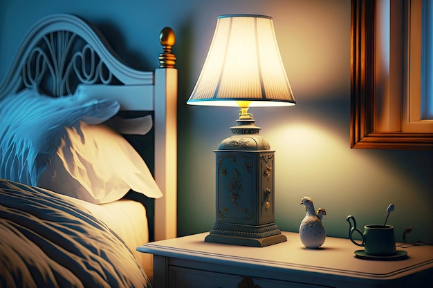 Bright little bedside lamp in house room