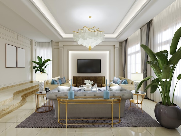 Bright living room in a classic style with seating area and TV 3D rendering