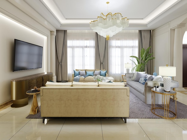 Bright living room in a classic style with seating area and TV 3D rendering