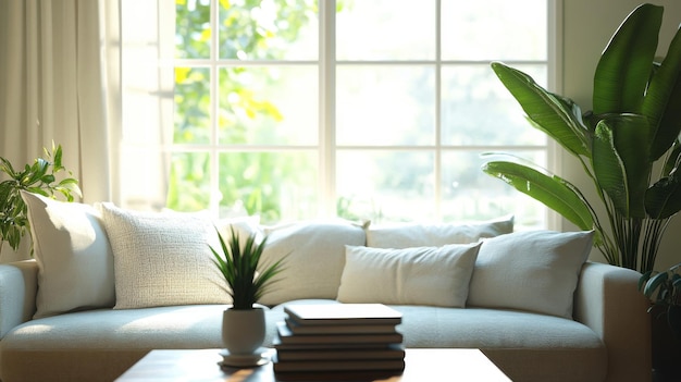 Photo bright living room featuring a large window that invites natural light for a cozy atmosphere