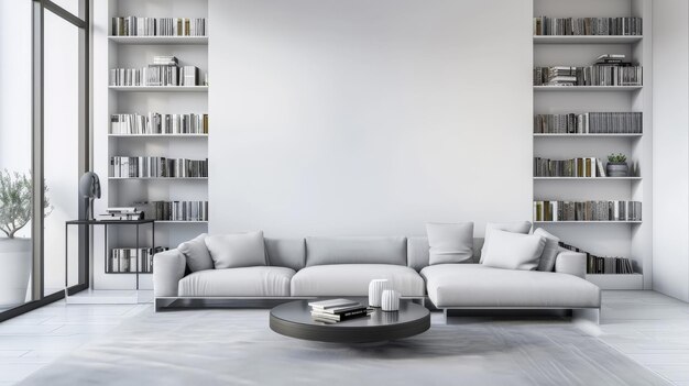 Photo bright living room interior with bookshelves coffee table filled with books and blank white walls