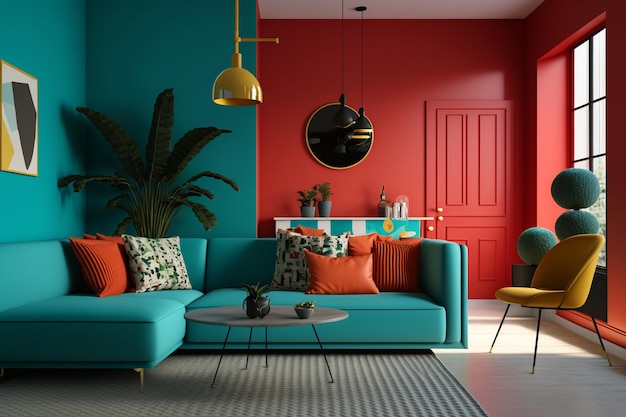 A bright living room with a blue sofa and a red wall.