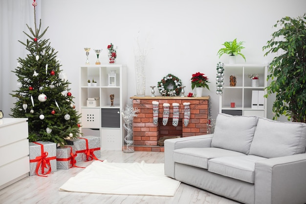 Bright living room with Christmas decorations and gifts under the tree