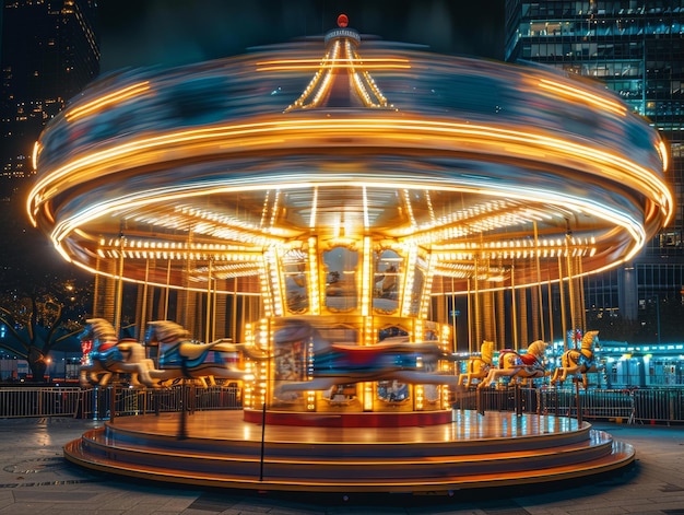 Bright long exposure photo of a horse carousel in a circus venue rotating at night