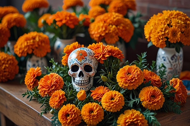 Photo bright marigold bouquets for day of the dead