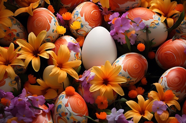 Bright mess of flowers and easter eggs