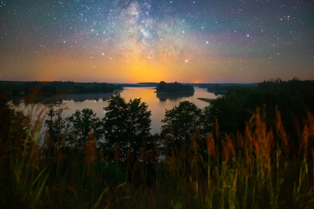 Bright Milky Way over the lake, night shot