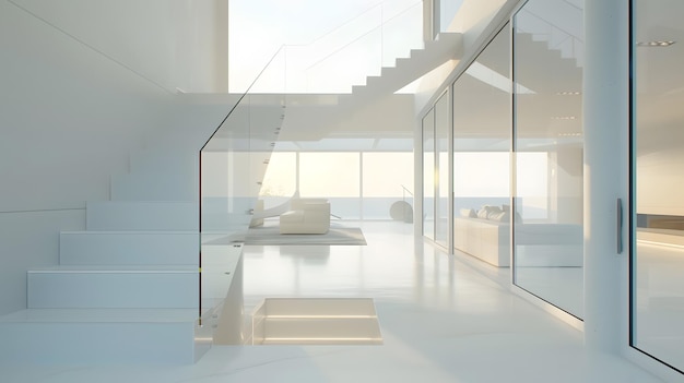 Bright and minimalist interior of a modern home featuring a white staircase with cle Generative AI