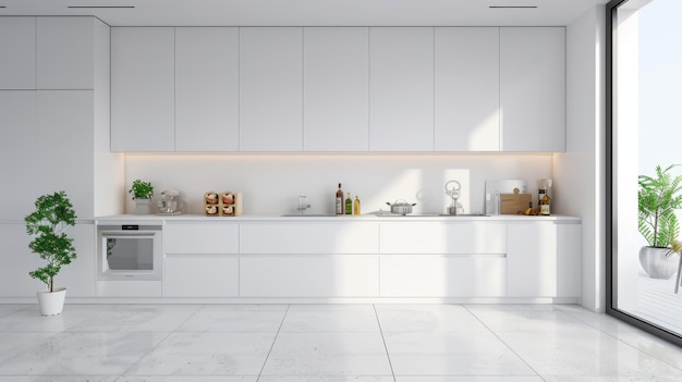 Bright minimalist kitchen featuring white cabinetry clean lines and modern appliances with a small potted plant on the counter