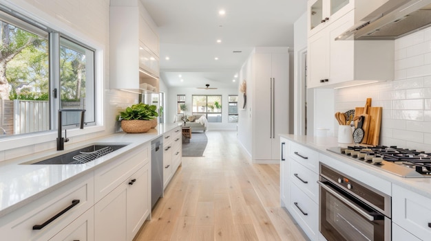 Bright Minimalist Kitchen with White Cabinets a Simple Sink and Clean Countertops