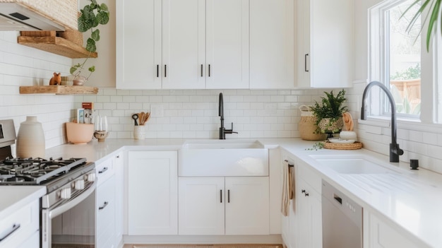 Bright Minimalist Kitchen with White Cabinets a Simple Sink and Clean Countertops