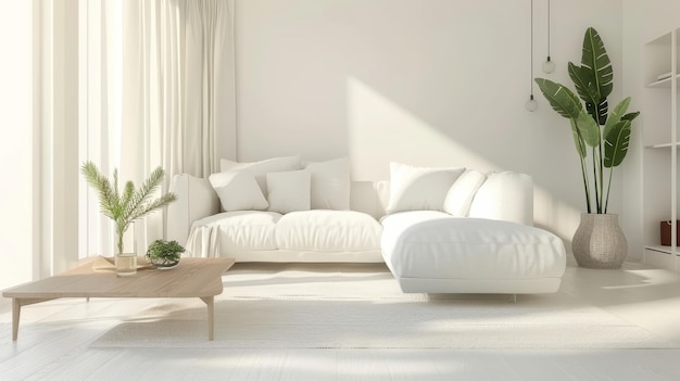 A bright minimalist living area bathed in natural light featuring a white sectional sofa wooden coffee table and green plants embodying simplicity and tranquility