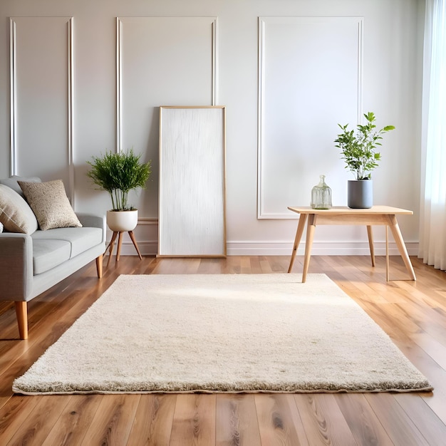 A bright minimalist living room with a plush rug a couch a side table and potted plants