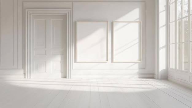 A bright minimalist room featuring white walls an elegant door and soft sunlight streaming through large windows creating a serene atmosphere