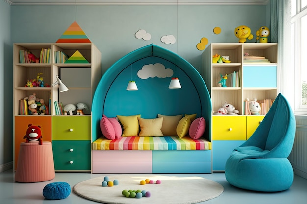 Bright modern child room with colorful furniture toys and childrens books created with generative ai