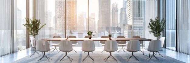 Bright and modern conference room with white chairs and a cityscape view suitable for business