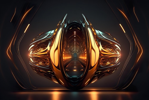 Bright Modern Futuristic Sci-Fi Alien Ship Tunnel With Glowing Abstract Shape Lights generative ai