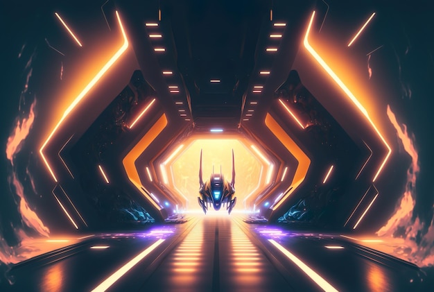 Bright Modern Futuristic Sci-Fi Alien Ship Tunnel With Glowing Abstract Shape Lights generative ai