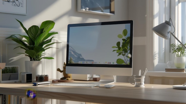 Bright modern home office with sunlight streaming in featuring an iMac assorted plants and minimalistic clean decor