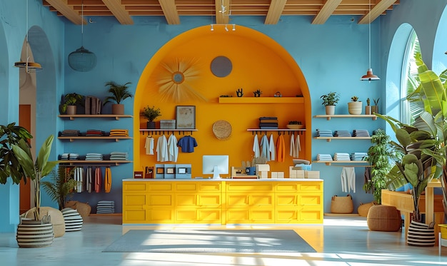 Bright modern kitchen interior with yellow cabinets blue walls and decorative plants