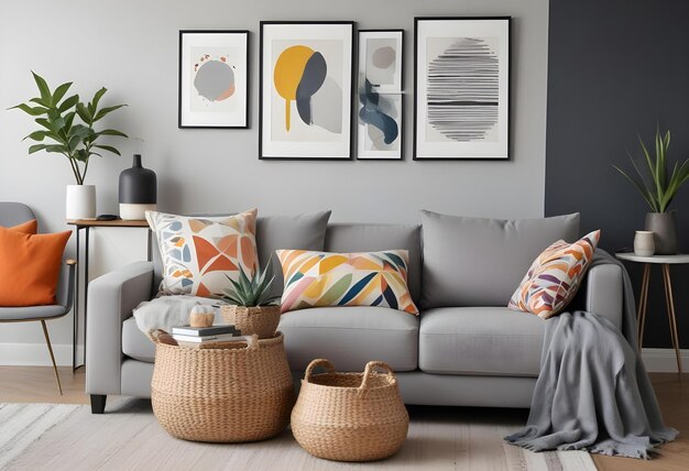 Photo bright and modern living room featuring a gray sofa with vibrant pillows houseplants