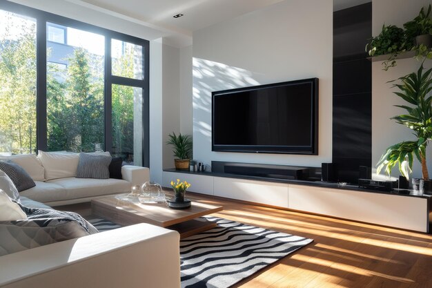 Bright and modern living room with natural light highlighting the minimalist decor in a cozy space