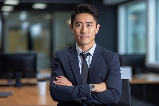 In bright modern office a 35 years old handsome chinese businessman with large smil