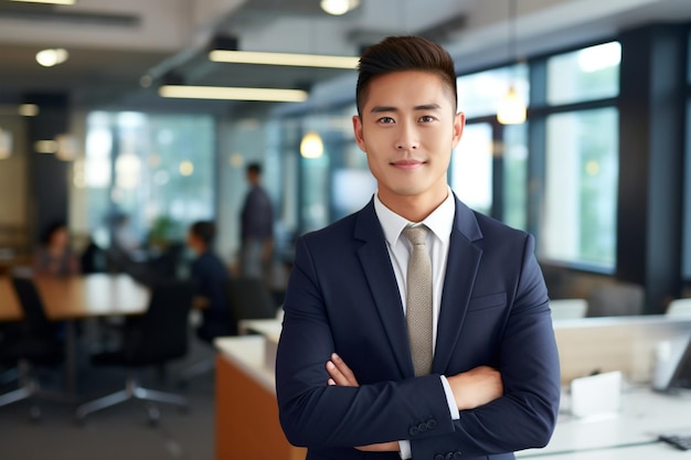 In bright modern office a 35 years old handsome chinese businessman