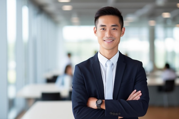 In bright modern office a 35 years old handsome chinese businessman