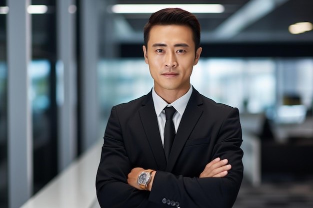 In bright modern office a 35 years old handsome chinese businessman